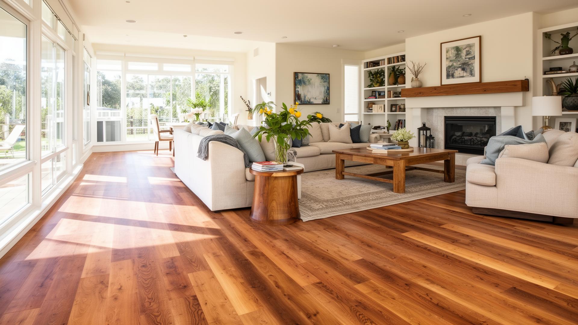 Wide warm oak luxury vinyl plank flooring freshly installed in a bright Southern California living room