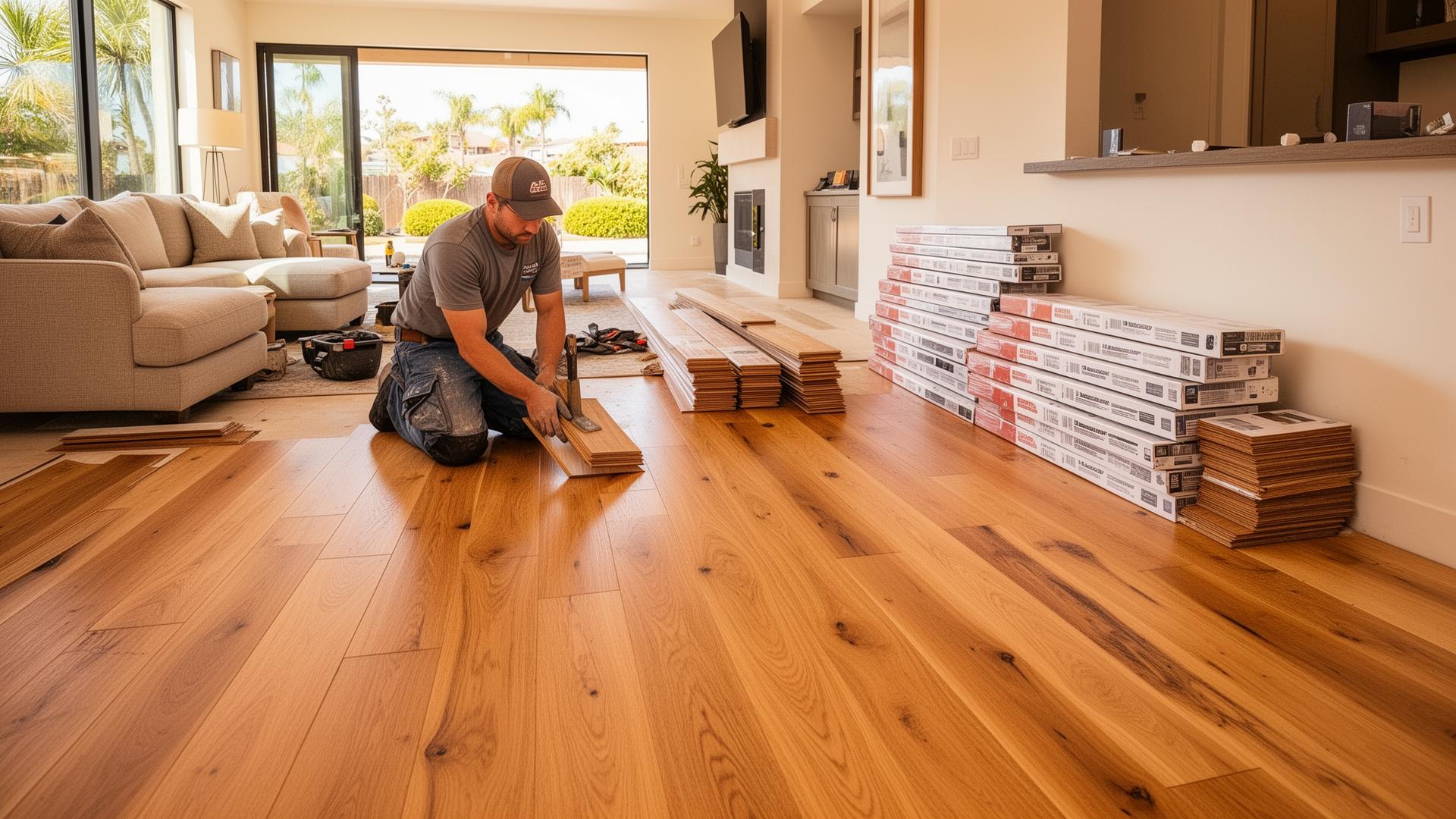 Professional flooring installer laying customer-supplied wide oak planks in a bright California living room