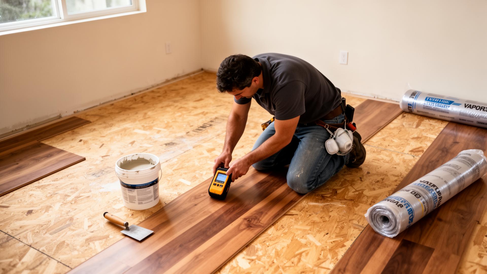 Professional flooring installer using a moisture meter on a plywood subfloor next to patching compound and a roll of vapor barrier