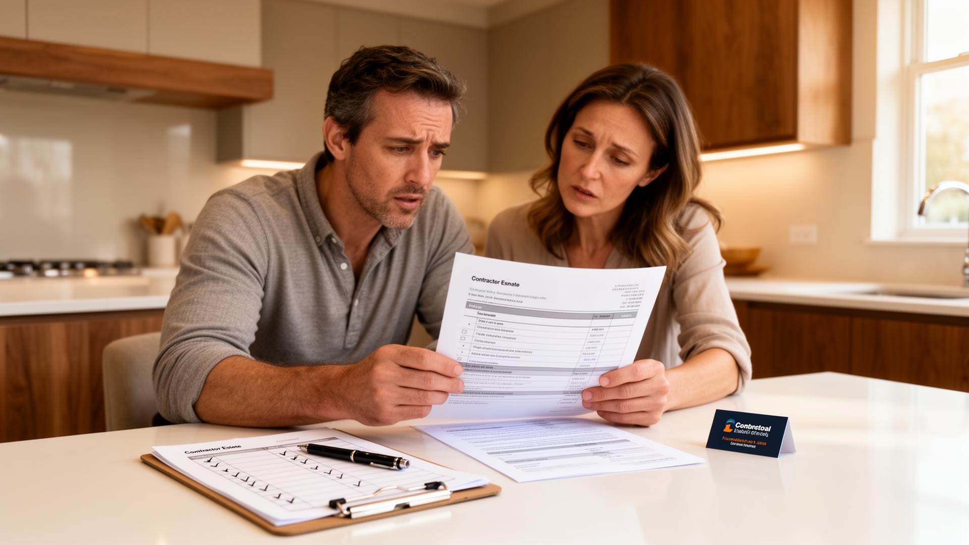 Concerned homeowner couple reviewing a printed contractor estimate at a kitchen table with a vetting checklist clipboard beside them