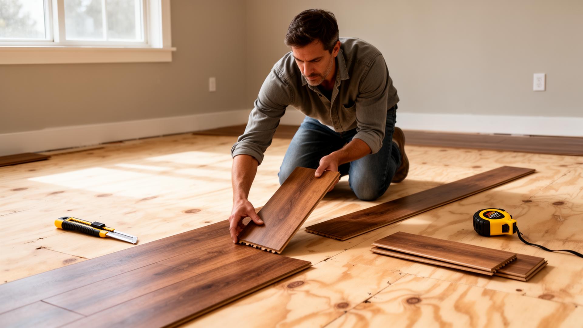 Homeowner kneeling on a plywood subfloor clicking a luxury vinyl plank into place, with utility knife and tape measure nearby