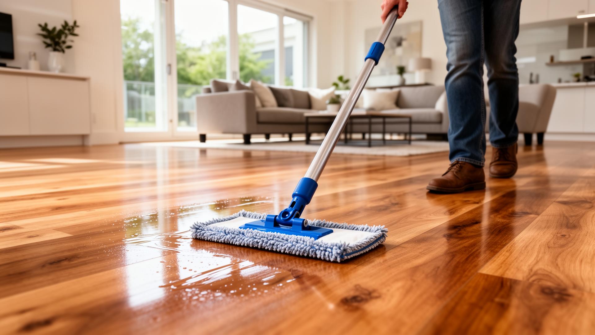 Homeowner damp-mopping a warm oak luxury vinyl plank floor with a microfiber pad in a bright modern living room.