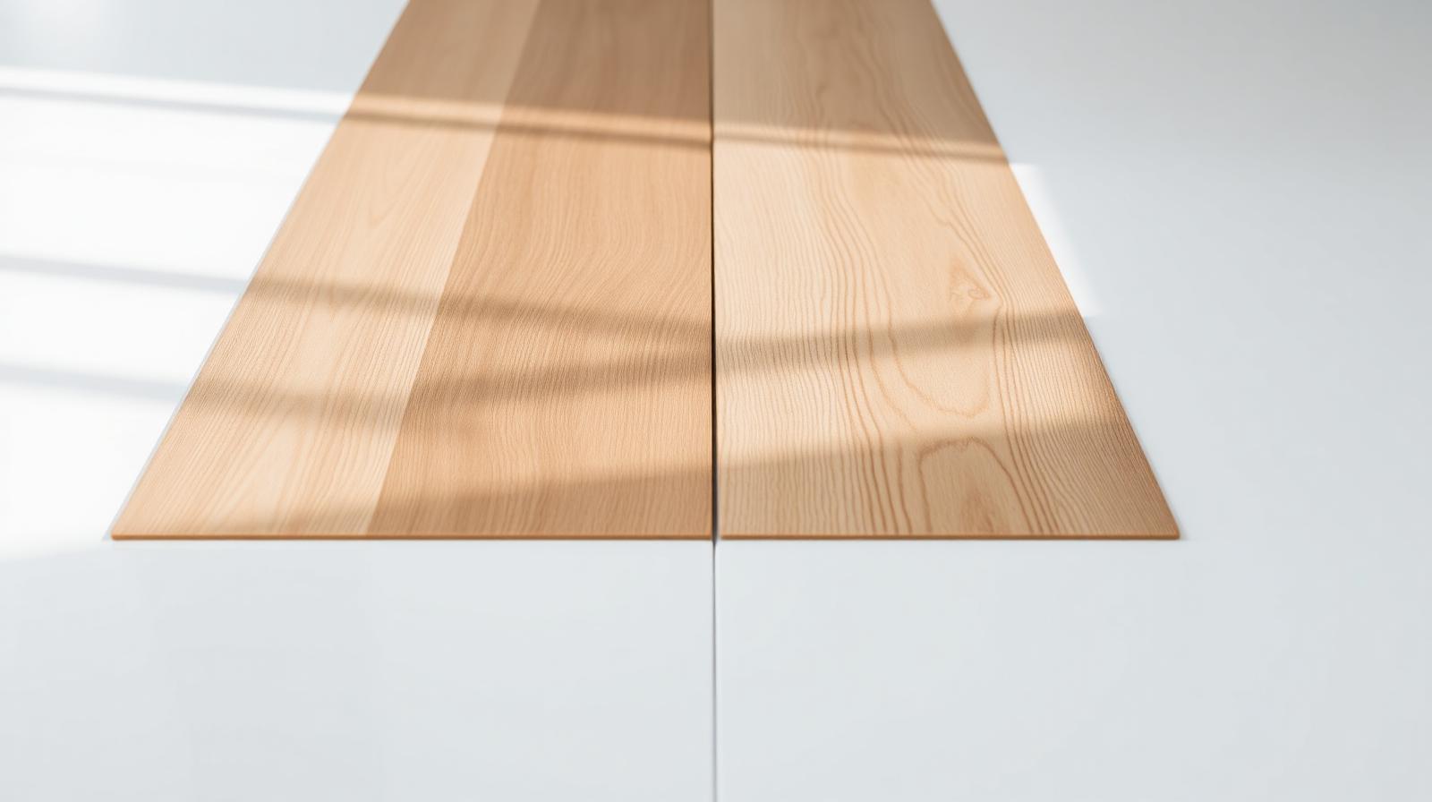 Side-by-side comparison of a laminate wood plank and a luxury vinyl plank (LVP) on a clean studio surface