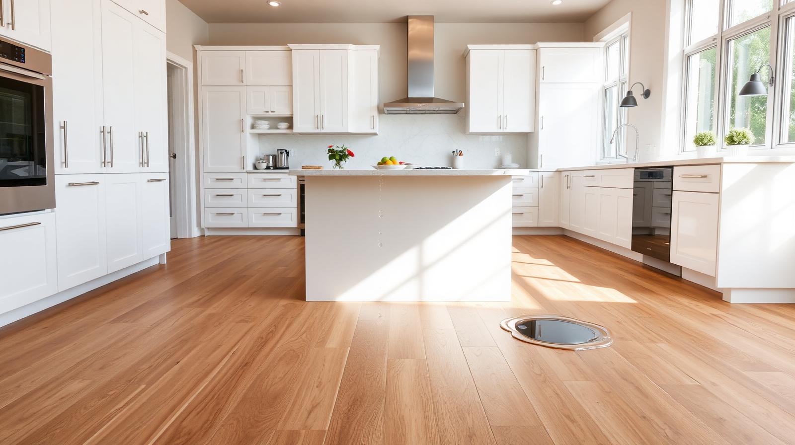 Modern kitchen with warm walnut luxury vinyl plank flooring, white shaker cabinets and marble island