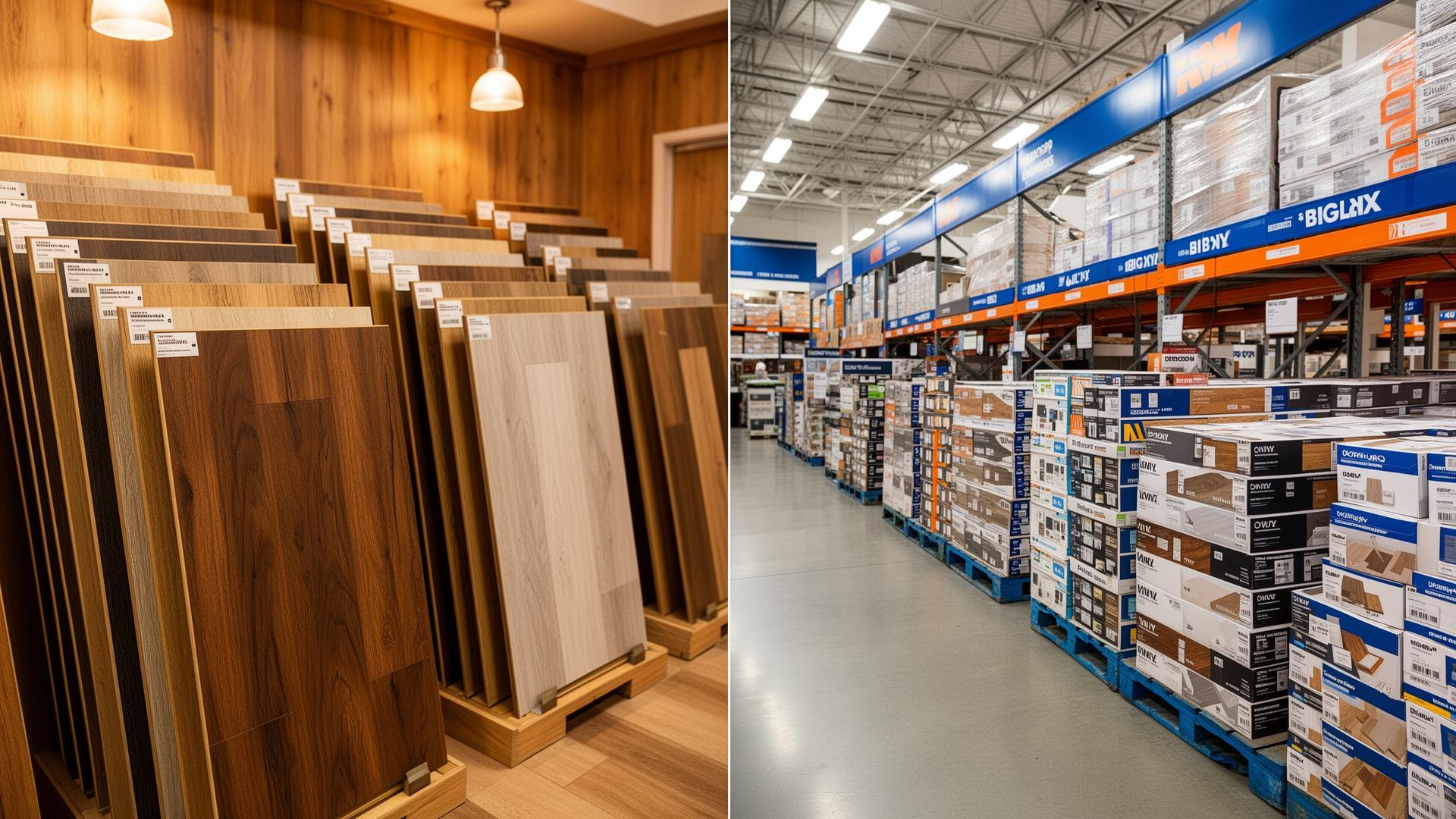 Split scene comparing a warm independent flooring showroom with stacked LVP samples and a big-box store aisle with boxed vinyl plank on pallets