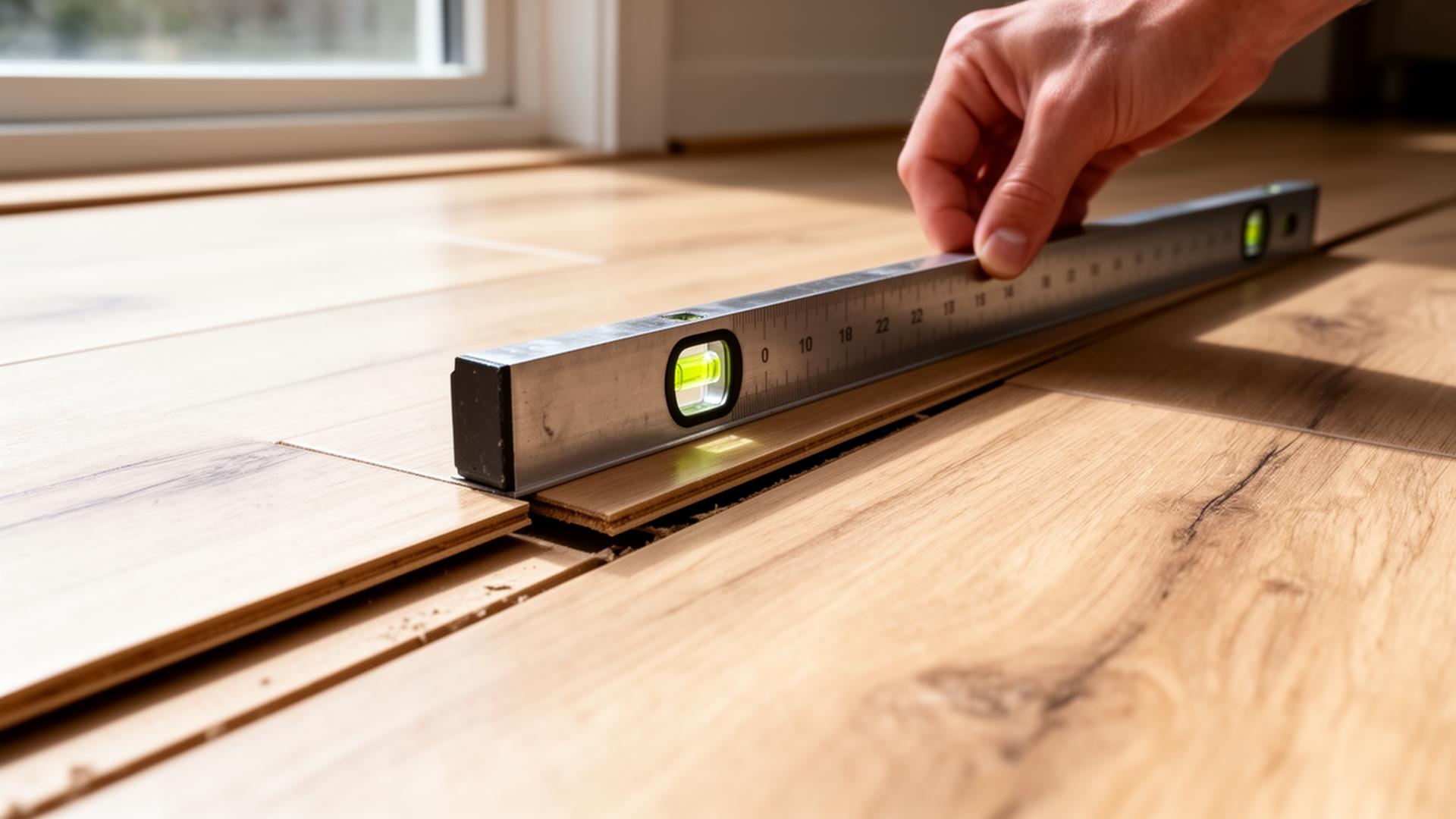 Hand holding a metal straightedge across an LVP floor showing visible lippage between two planks