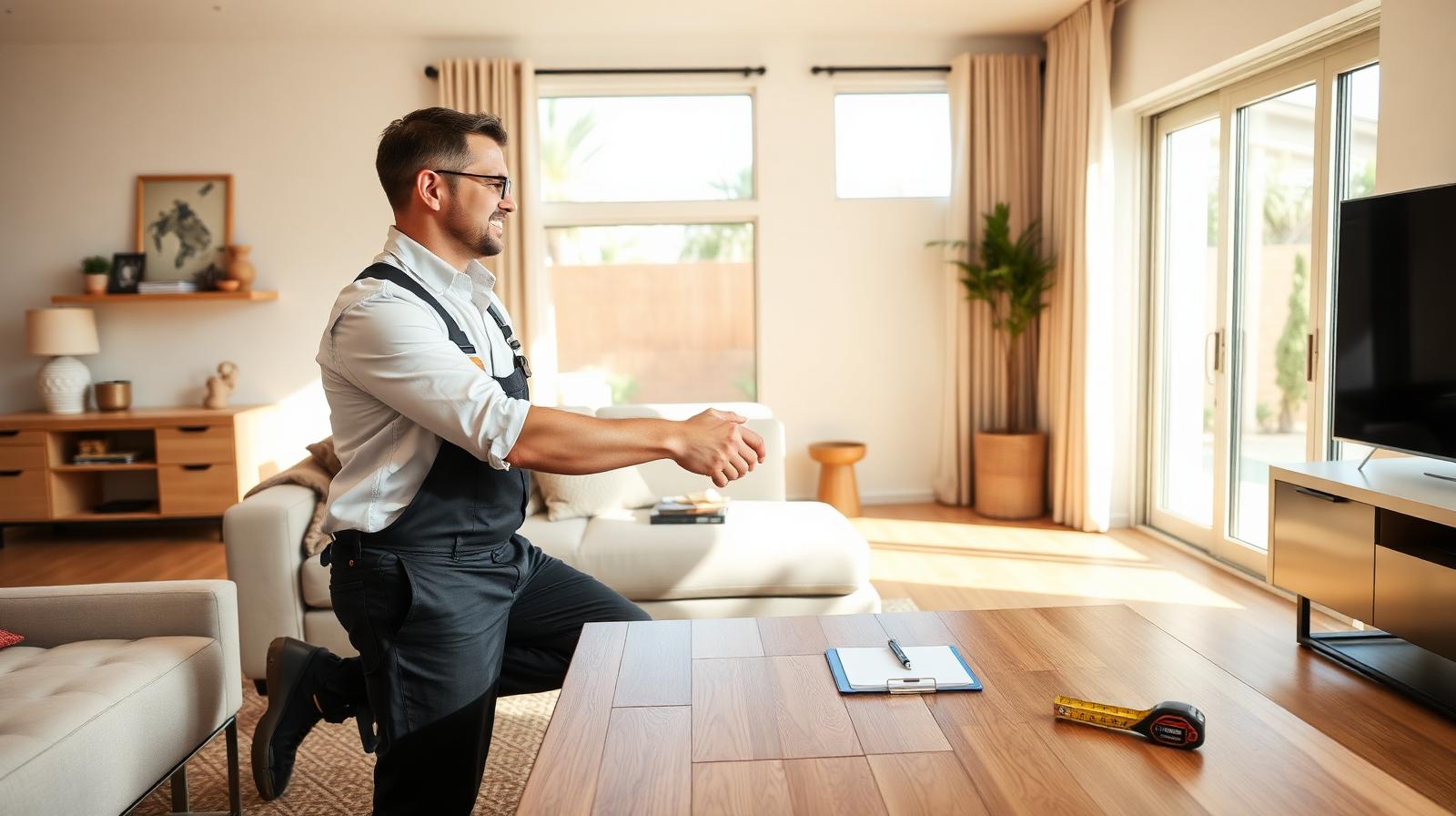 Professional flooring contractor shaking hands with a homeowner in a sunlit living room