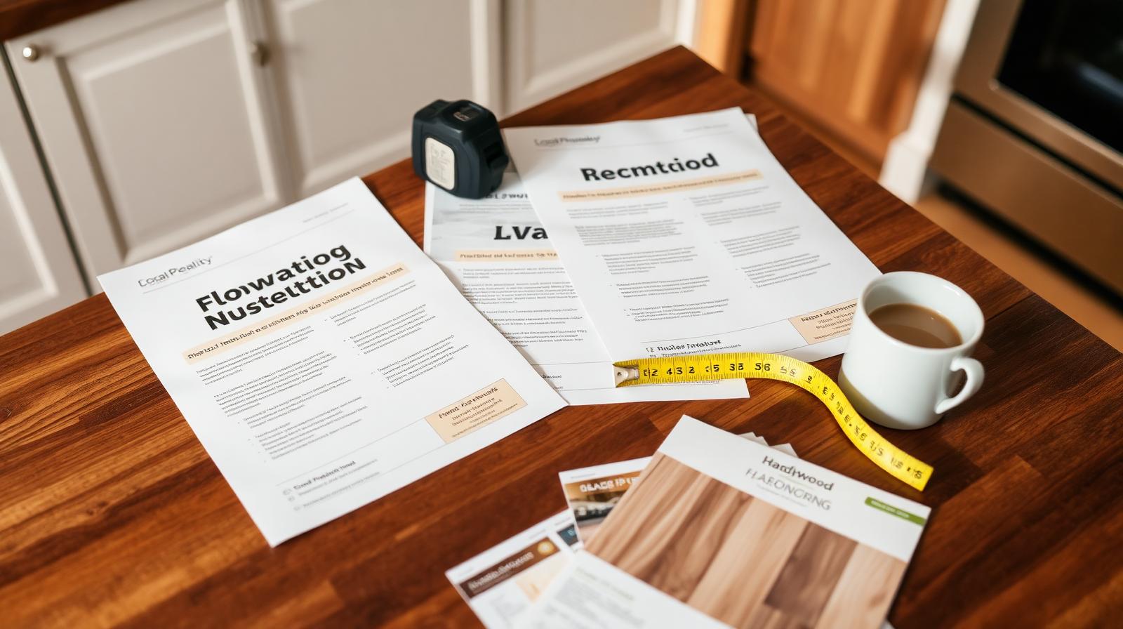 Three printed flooring installation quotes spread on a kitchen island with a tape measure and flooring samples
