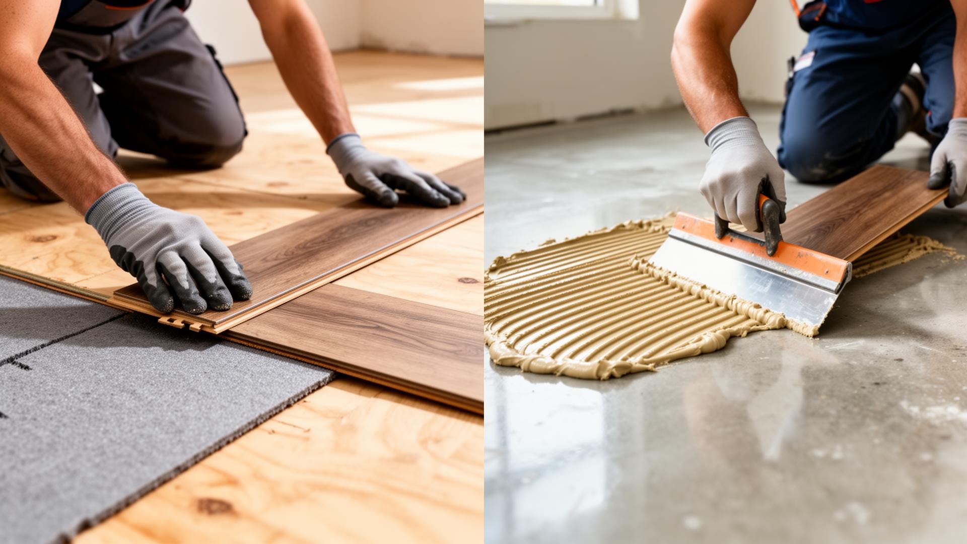 Split-frame photo showing an installer snapping a click-lock LVP plank into place on the left and an installer troweling adhesive for a glue-down LVP plank on a concrete slab on the right.