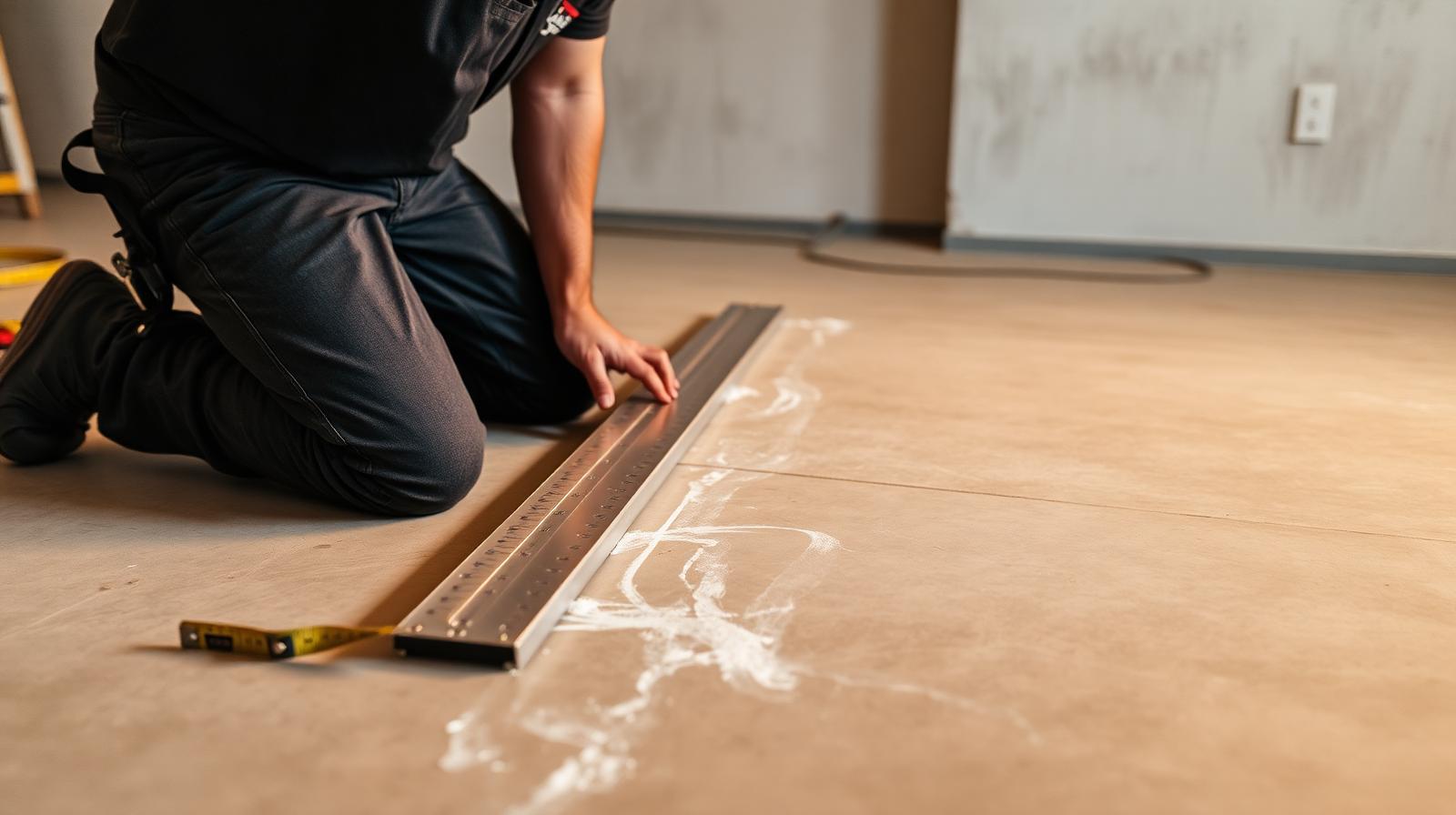 Professional installer checking concrete subfloor flatness with a long aluminum straightedge before LVP installation