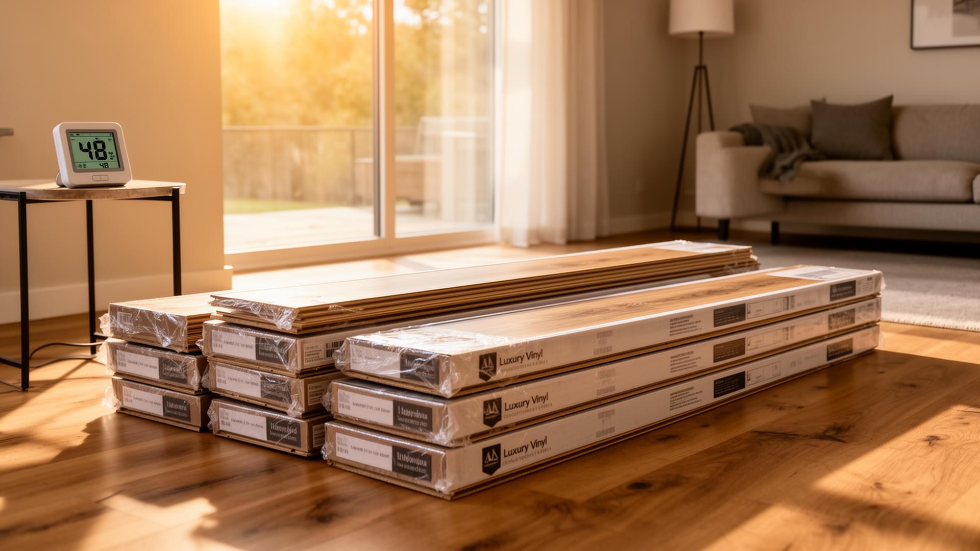 Stacks of luxury vinyl plank boxes acclimating in a sunny modern living room with a hygrometer reading 48%