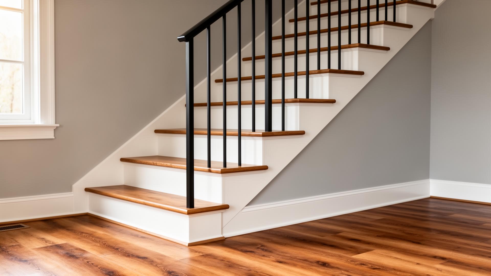 Modern home staircase with wood-look LVP treads, white painted risers, and matching stair-nose molding