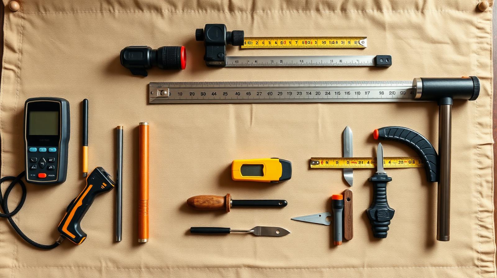 Overhead view of a professional LVP installer''s toolkit laid out on a canvas drop cloth