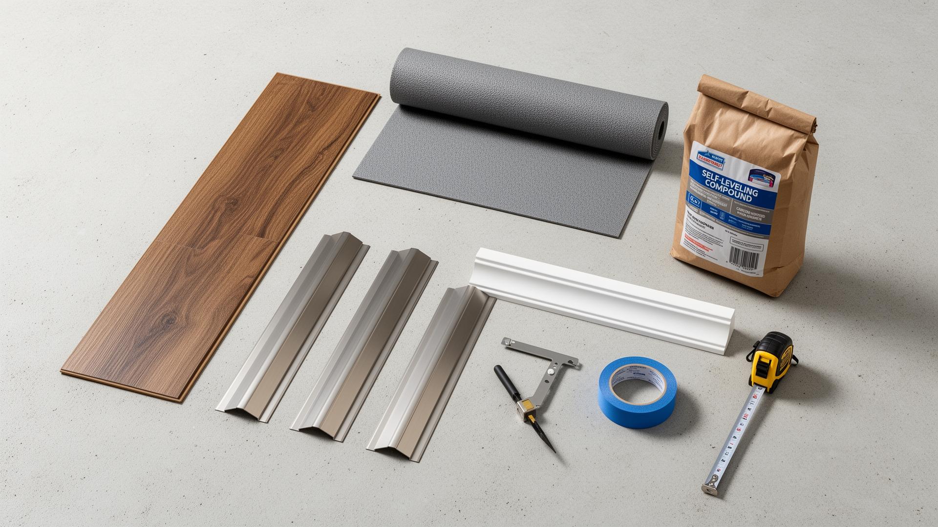Overhead flat-lay of flooring installation supplies: LVP plank, foam underlayment roll, transition strips, quarter round, leveling compound, painter's tape, chalk line, and tape measure