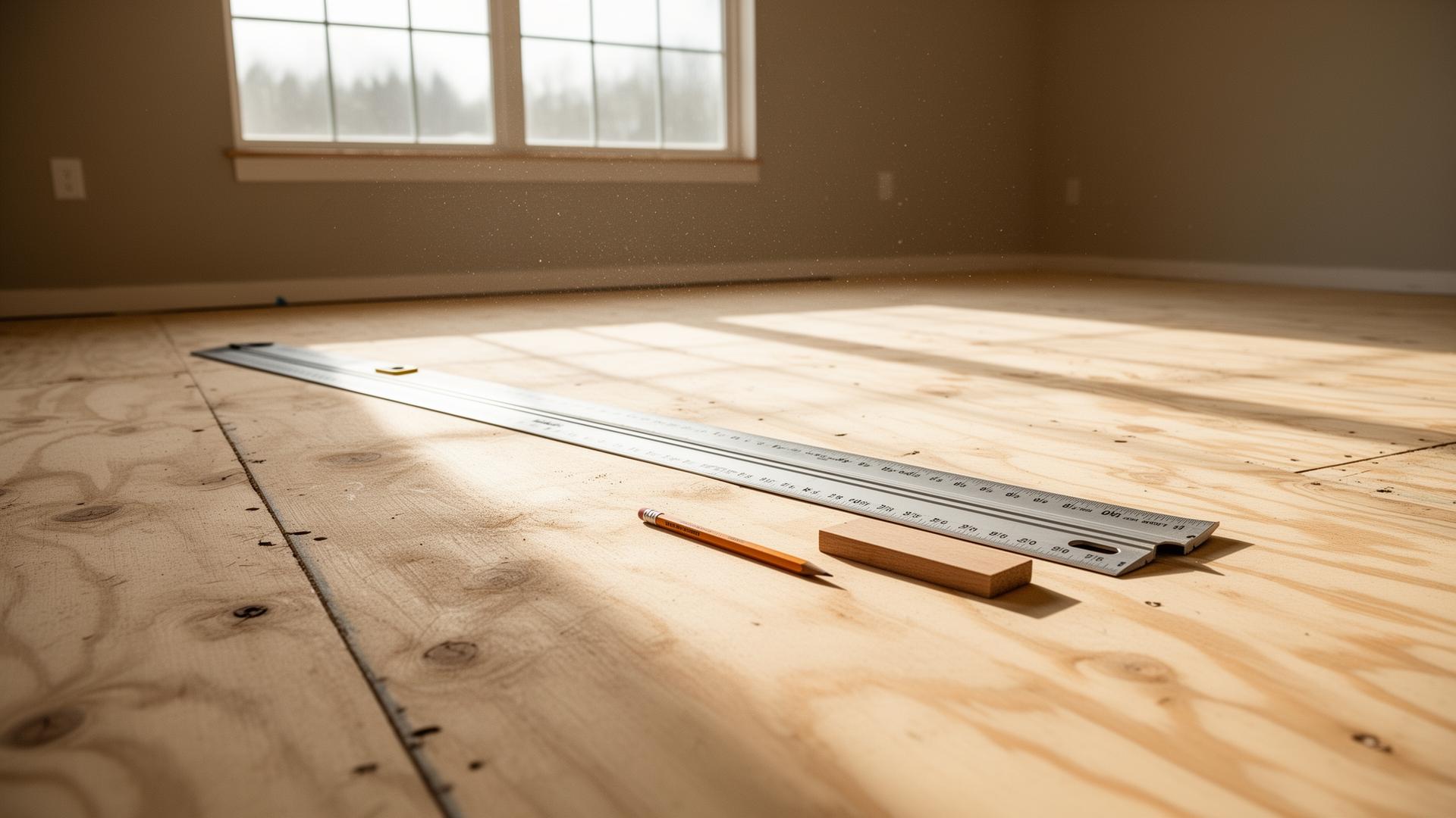 Bare plywood subfloor with a 10-foot aluminum straightedge laid across it for a flatness check, sunlit empty room