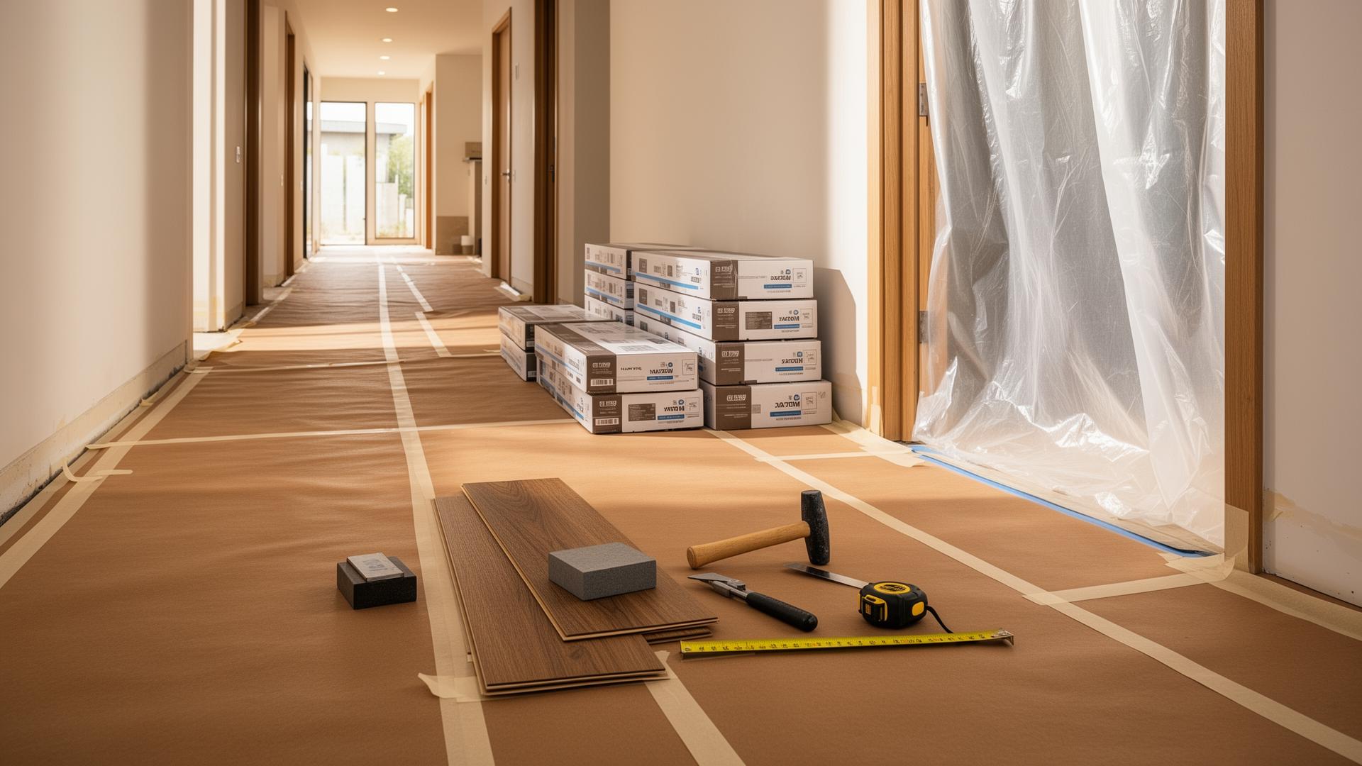 Hallway prepped for flooring installation with protection paper, staged LVP boxes, and tools laid out