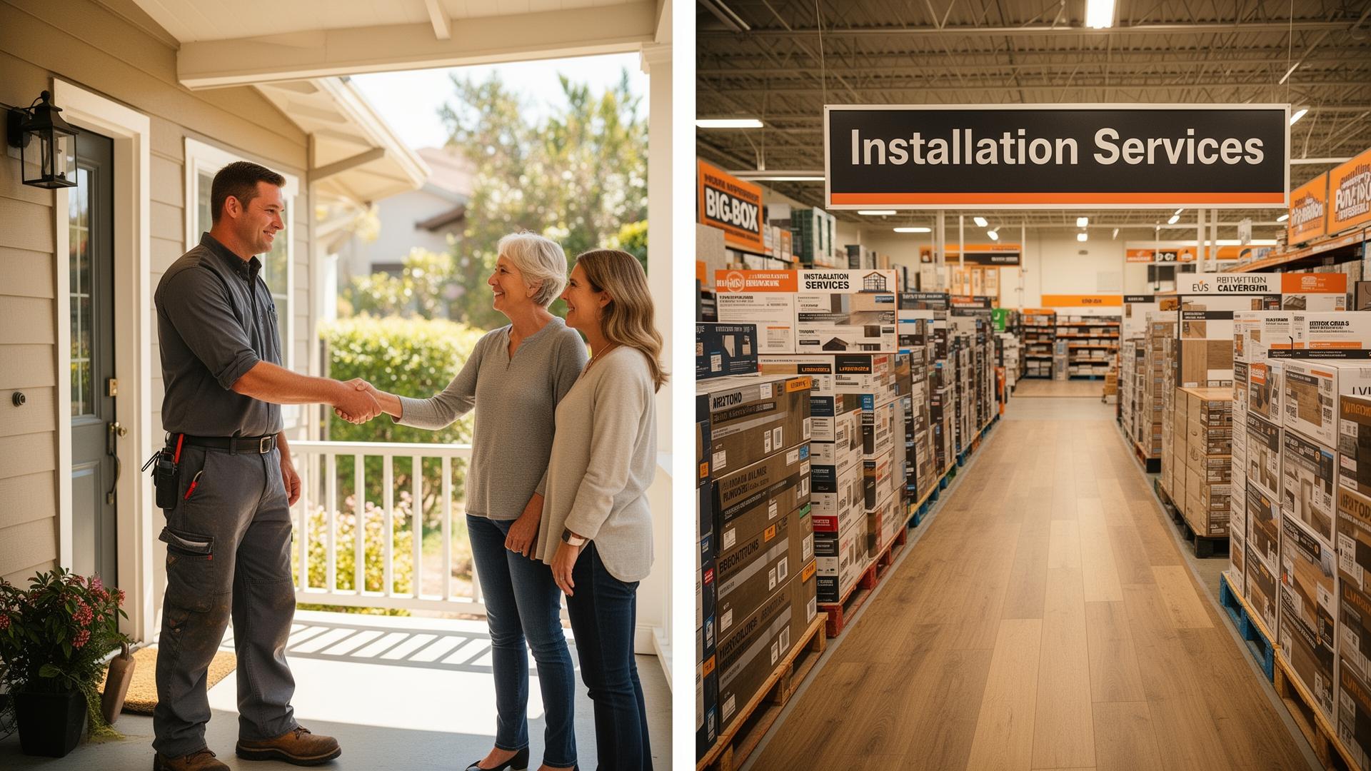 Split image: independent flooring contractor shaking hands with a homeowner on a sunlit porch on the left; big box store flooring aisle with installation services sign on the right