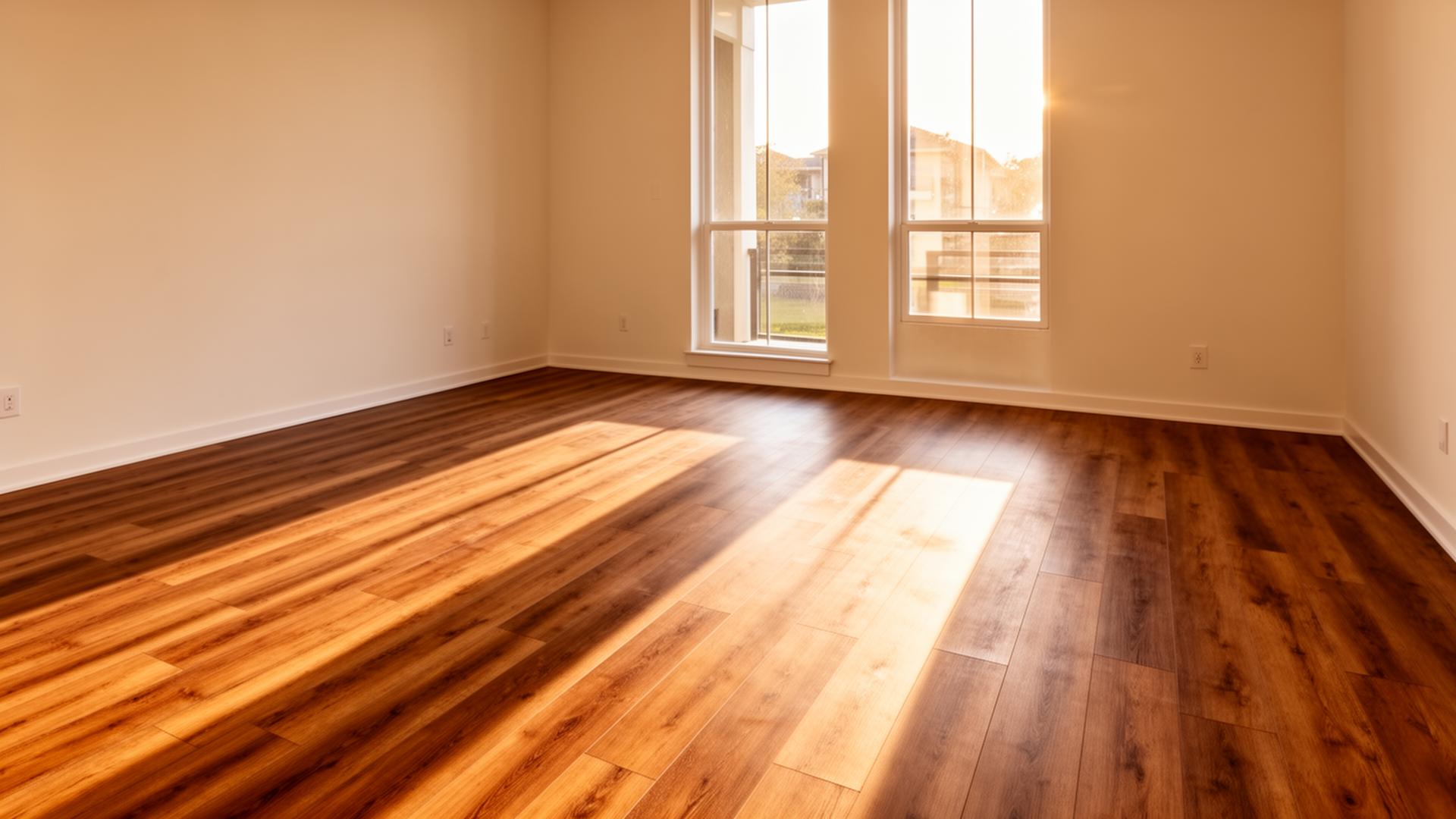 Empty modern living room with newly installed warm wood-look LVP flooring, late afternoon sunlight streaming through tall windows