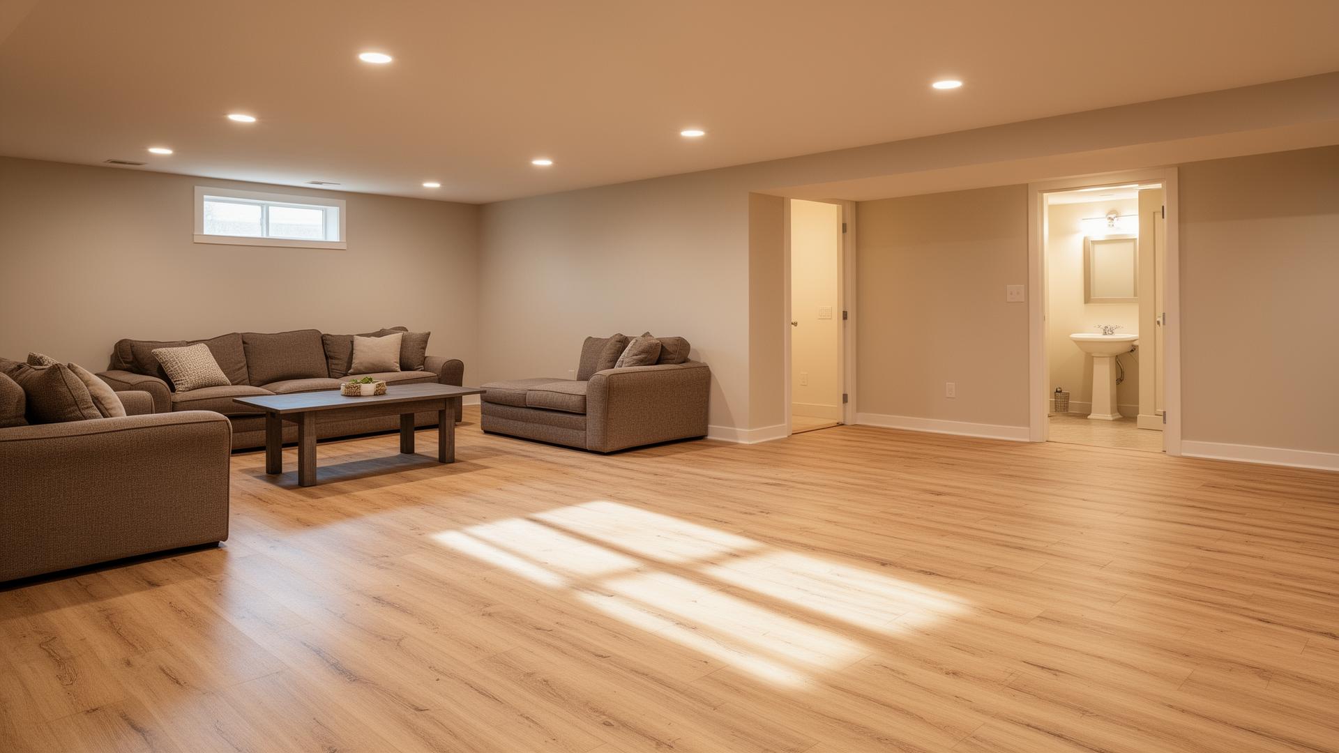 Finished basement with light oak LVP flooring and a small bathroom visible through a doorway