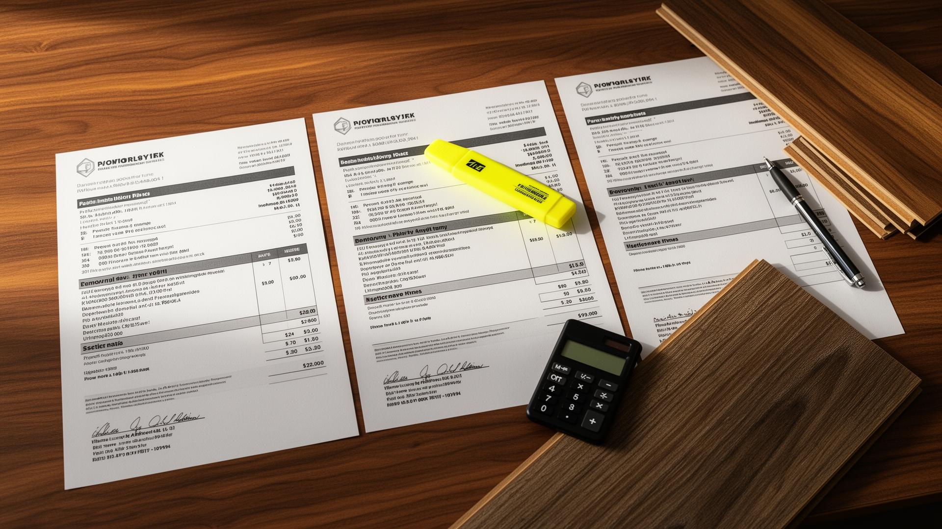 Three printed flooring installation quotes laid out side by side on a walnut desk with a highlighter, calculator, and LVP plank samples