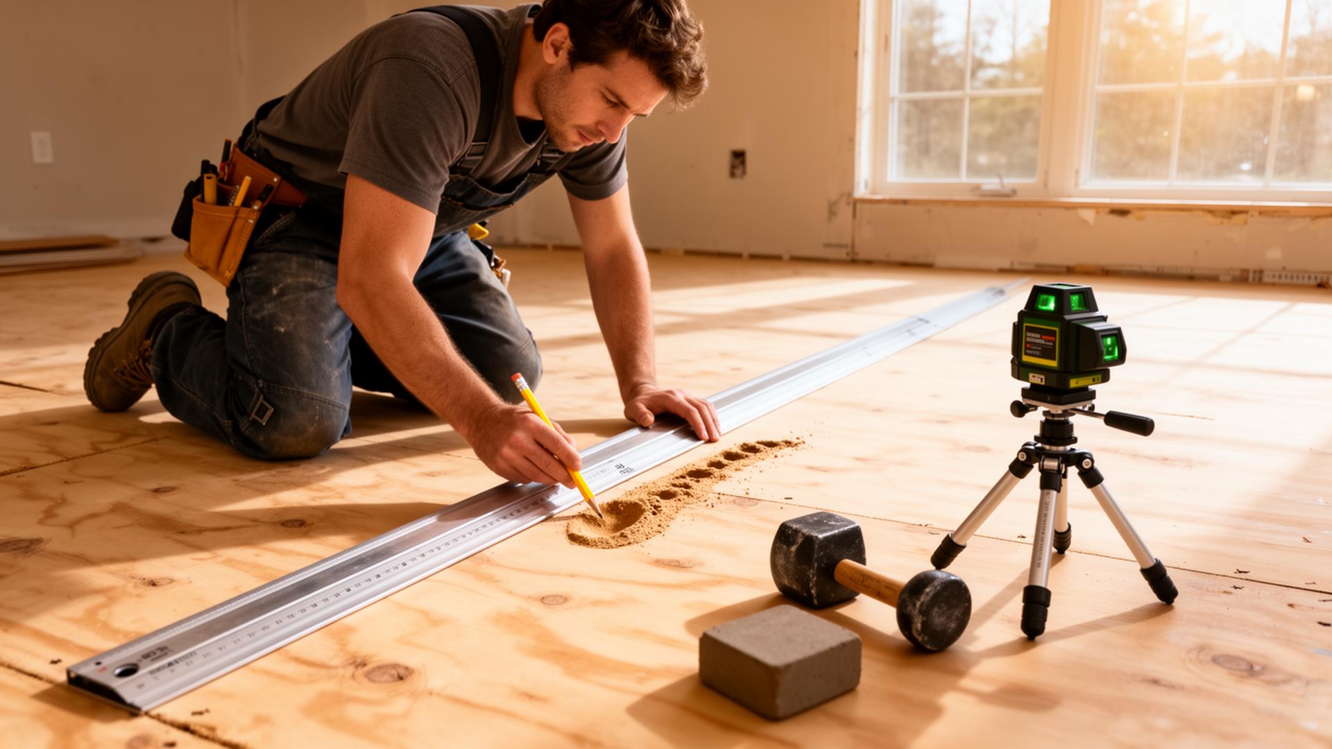 Professional flooring installer kneeling on plywood subfloor using a 10-foot aluminum straightedge with a laser level on a tripod and dead-blow mallet nearby