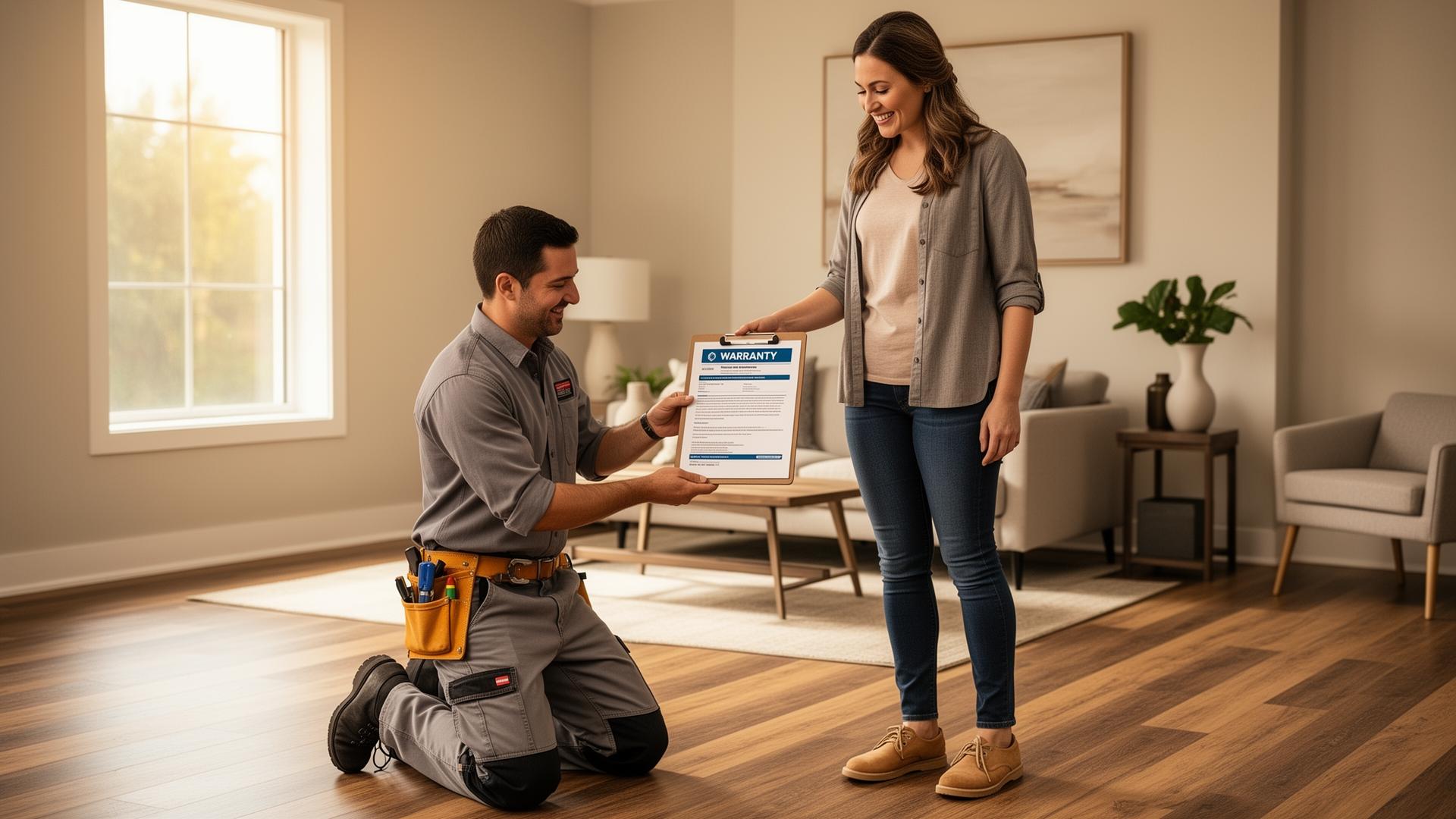 Professional flooring installer kneeling on a newly installed LVP floor handing a printed warranty document to a smiling homeowner in a bright modern living room