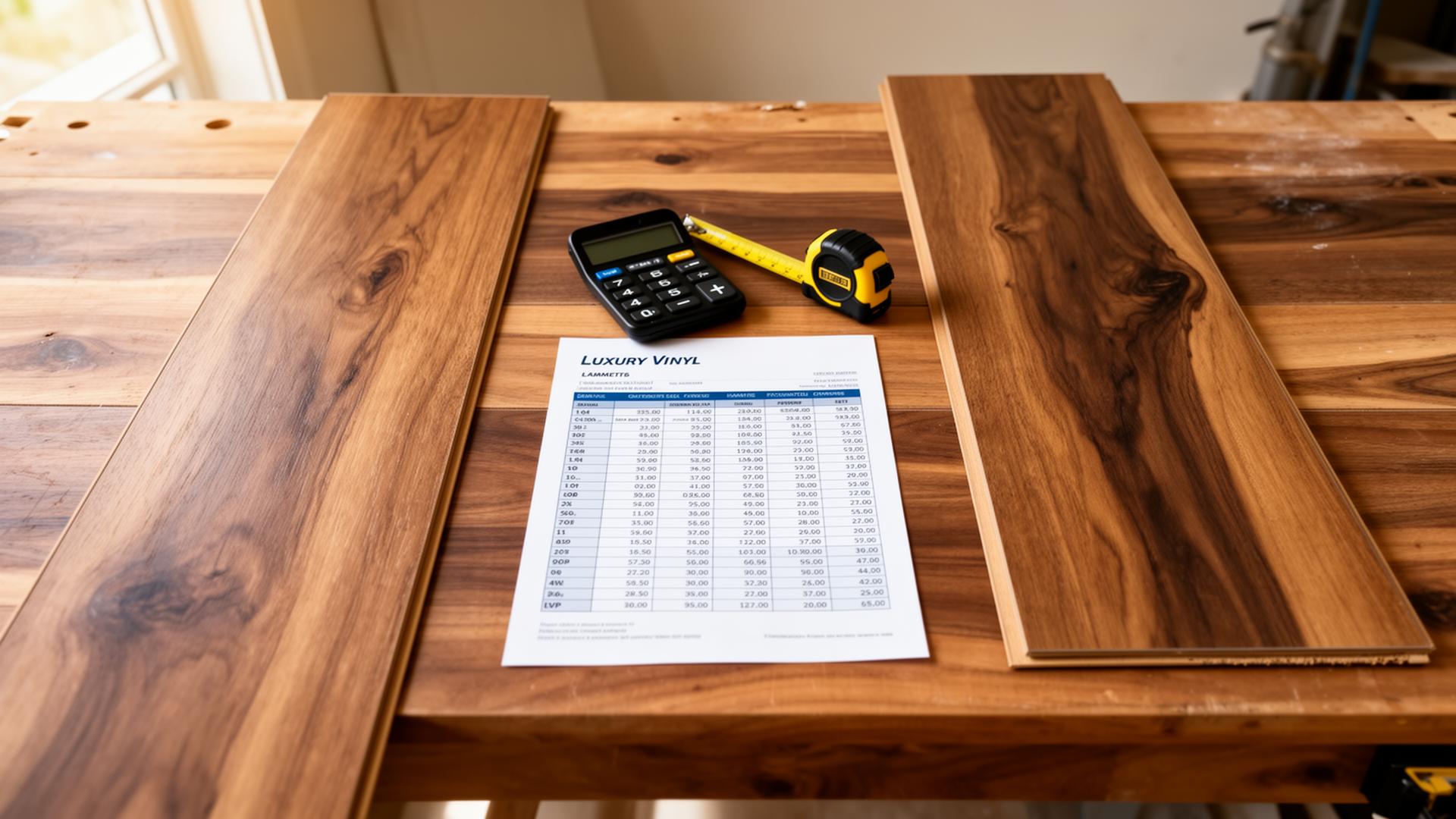 Laminate plank and LVP plank samples side by side on a walnut workbench with a calculator, tape measure, and price comparison sheet
