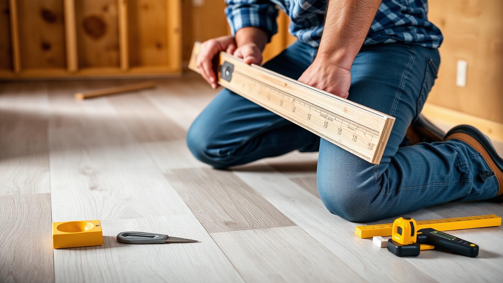 Professional LVP installer kneeling on a prepared subfloor with a level and tools