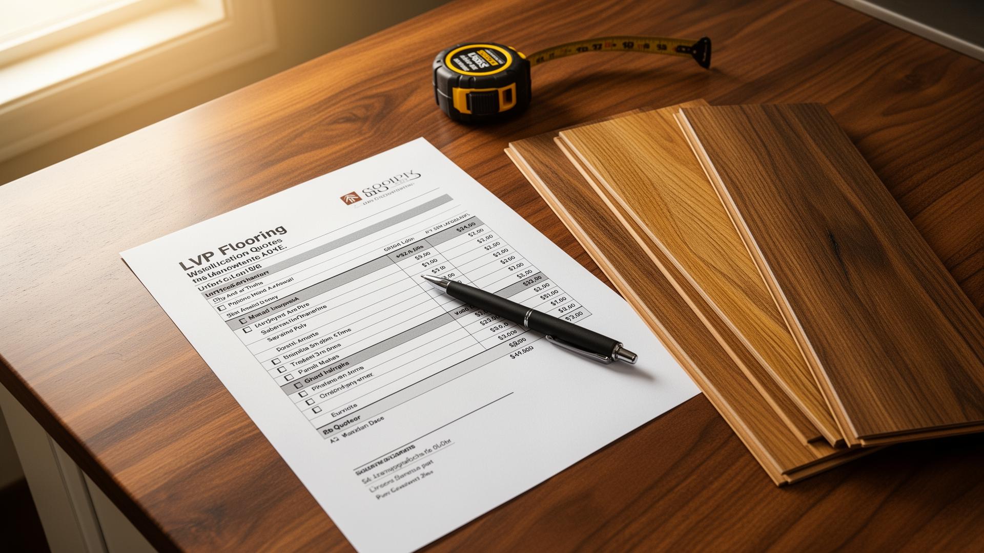 Itemized LVP flooring installation quote on a walnut kitchen island with tape measure, vinyl plank samples, and a pen